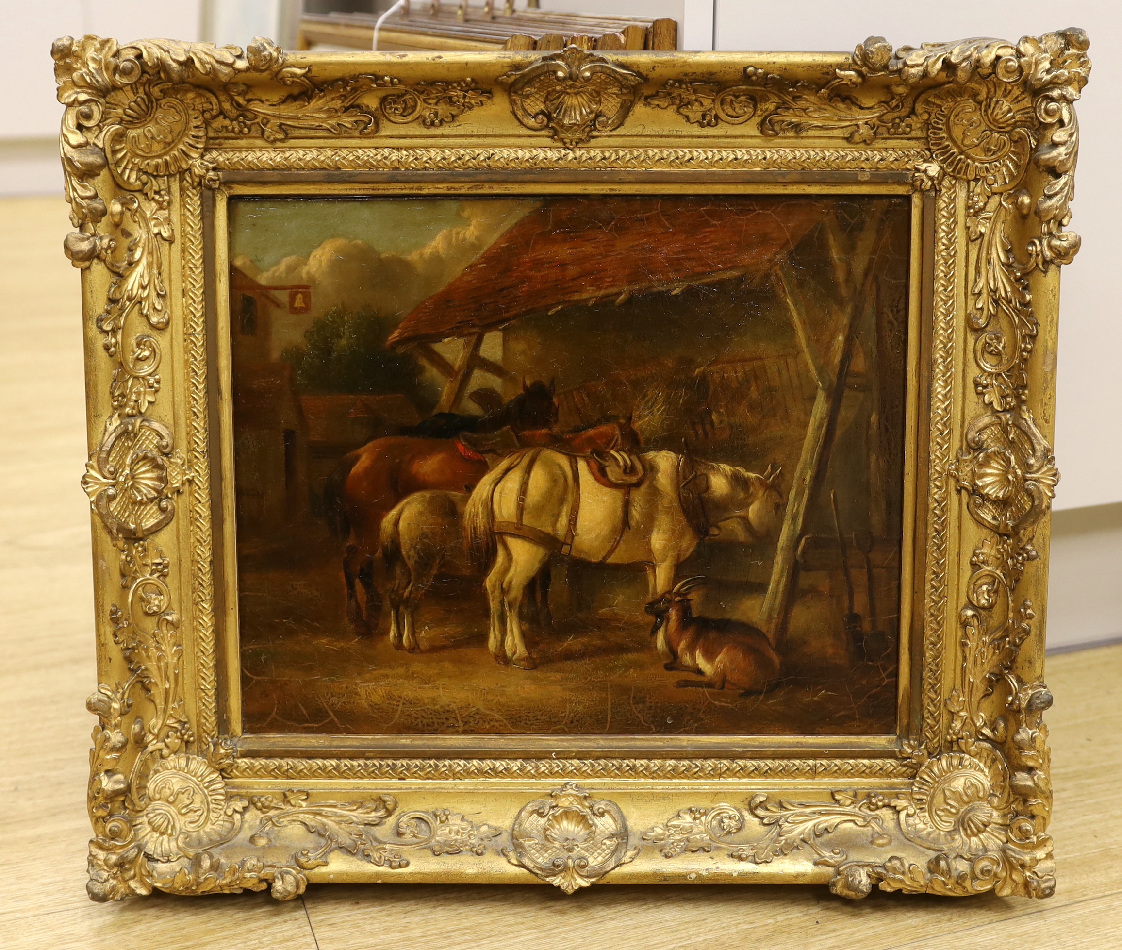 19th century oil on canvas, 'Resting work horses', unsigned, 30 x 37cm, ornate gilt frame